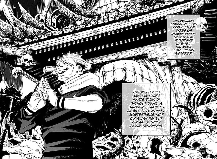 Sukuna Malevolent Shrine Manga Panel with Skulls and Domain Expansion Text HD wallpaper