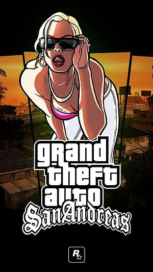 Grand Theft Auto San Andreas Cover Art Featuring C.J. and Rockstar Games Logo HD phone wallpaper