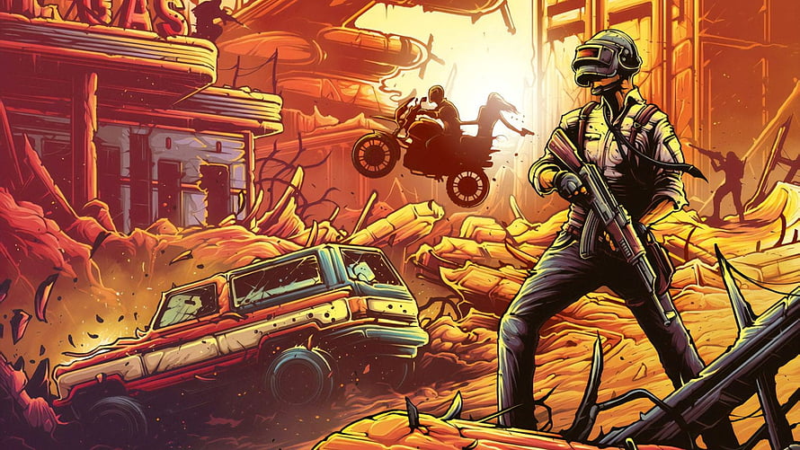BGMI Post-Apocalyptic Combat Scene with Armed Soldier and Motorcycle Chase HD wallpaper