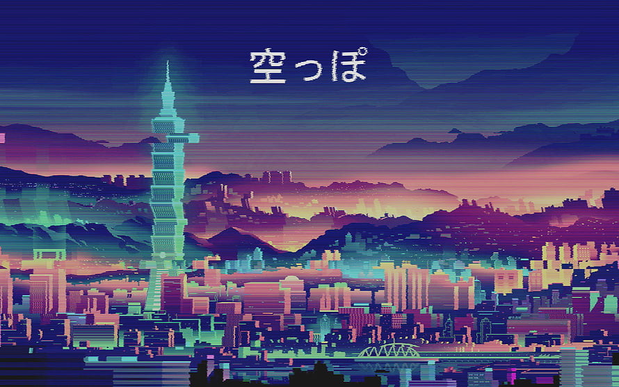 Retro Pixel Art Taipei 101 Cityscape at Dusk with Japanese Text HD wallpaper
