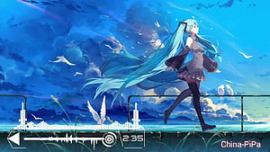 Hatsune Miku anime girl with long teal hair walking on a rooftop against a blue sky with white birds HD wallpaper