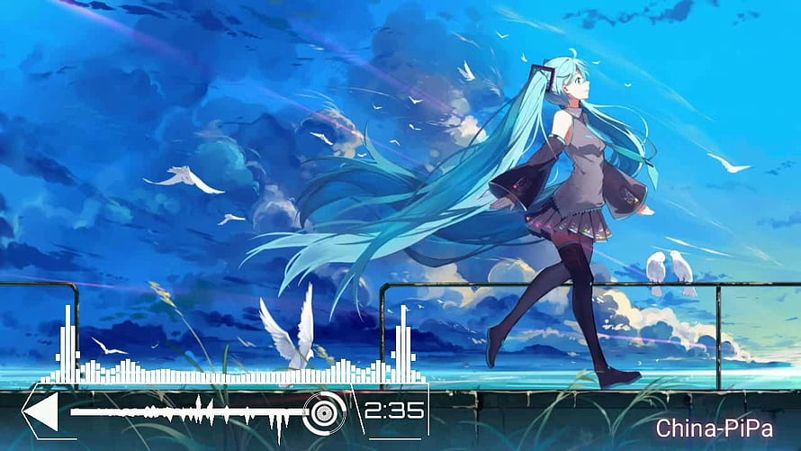 Hatsune Miku anime girl with long teal hair walking on a rooftop against a blue sky with white birds HD wallpaper