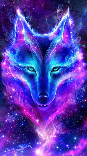 Cosmic Wolf Portrait with Neon Purple and Blue Nebula Smoke HD phone wallpaper