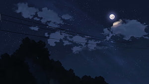 Anime Night Sky with Full Moon, Stars, and Silhouetted Trees HD wallpaper