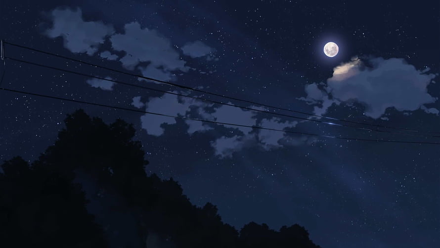 Anime Night Sky with Full Moon, Stars, and Silhouetted Trees HD wallpaper