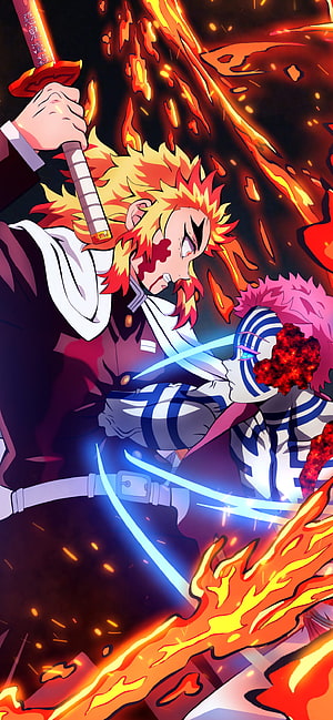 Demon Slayer Rengoku Final Battle Scene with Flames and Sword HD phone wallpaper