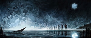 Dark Fantasy Scene: Samurai Warriors Facing a Ghostly Monster Storm Under a Full Moon HD wallpaper