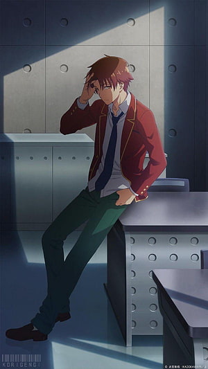 Ayanokoji Kiyotaka Anime Character in Red Blazer Leaning Against Desk HD phone wallpaper