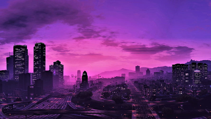 Vibrant Purple Cityscape at Dusk with Glowing Skyscrapers and Highway Intersections HD wallpaper