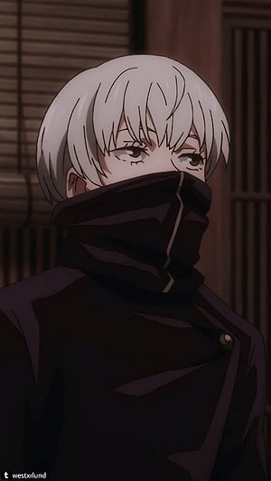 Toge Inumaki from Jujutsu Kaisen in a dark high-collar outfit with white hair and a serious expression HD phone wallpaper