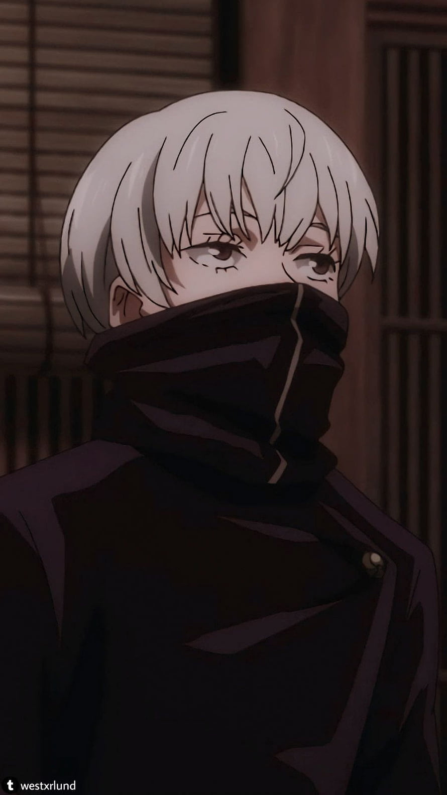 Toge Inumaki from Jujutsu Kaisen in a dark high-collar outfit with white hair and a serious expression HD phone wallpaper