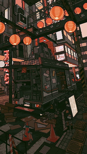 Cyberpunk Alley Scene with Orange Lanterns and Delivery Van in Pixel Art Style HD phone wallpaper