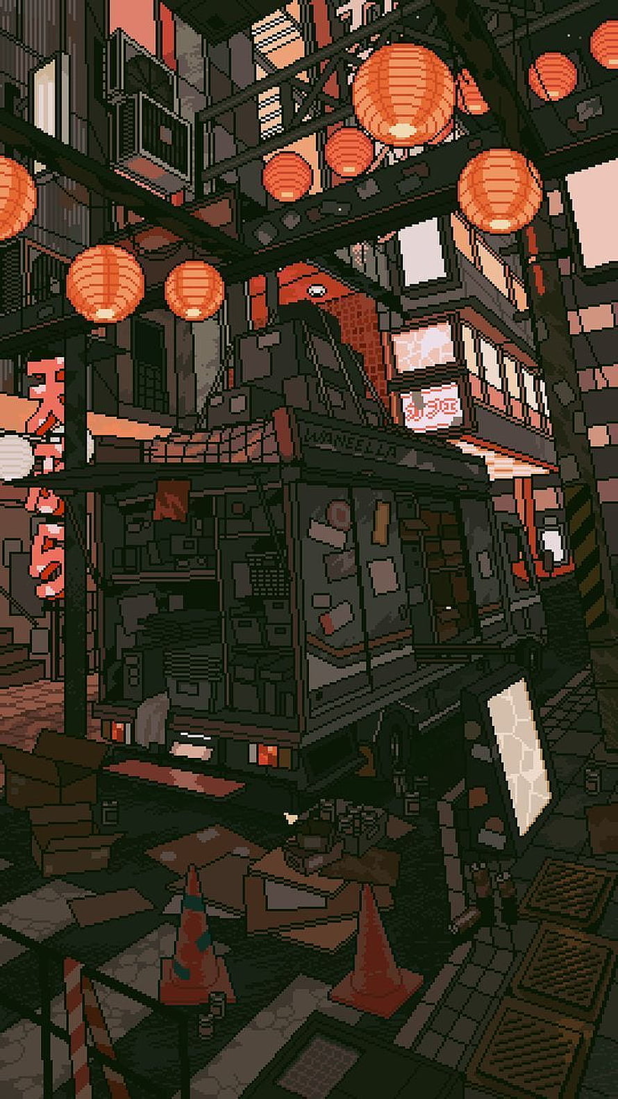 Cyberpunk Alley Scene with Orange Lanterns and Delivery Van in Pixel Art Style HD phone wallpaper