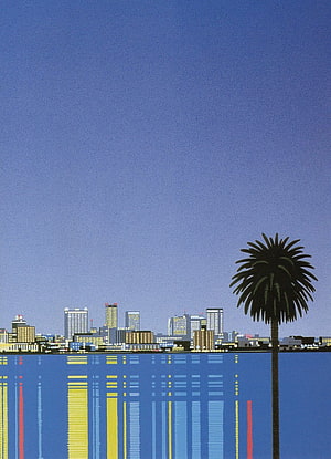 Hiroshi Nagai Minimalist Cityscape with Palm Tree and Water Reflections HD phone wallpaper