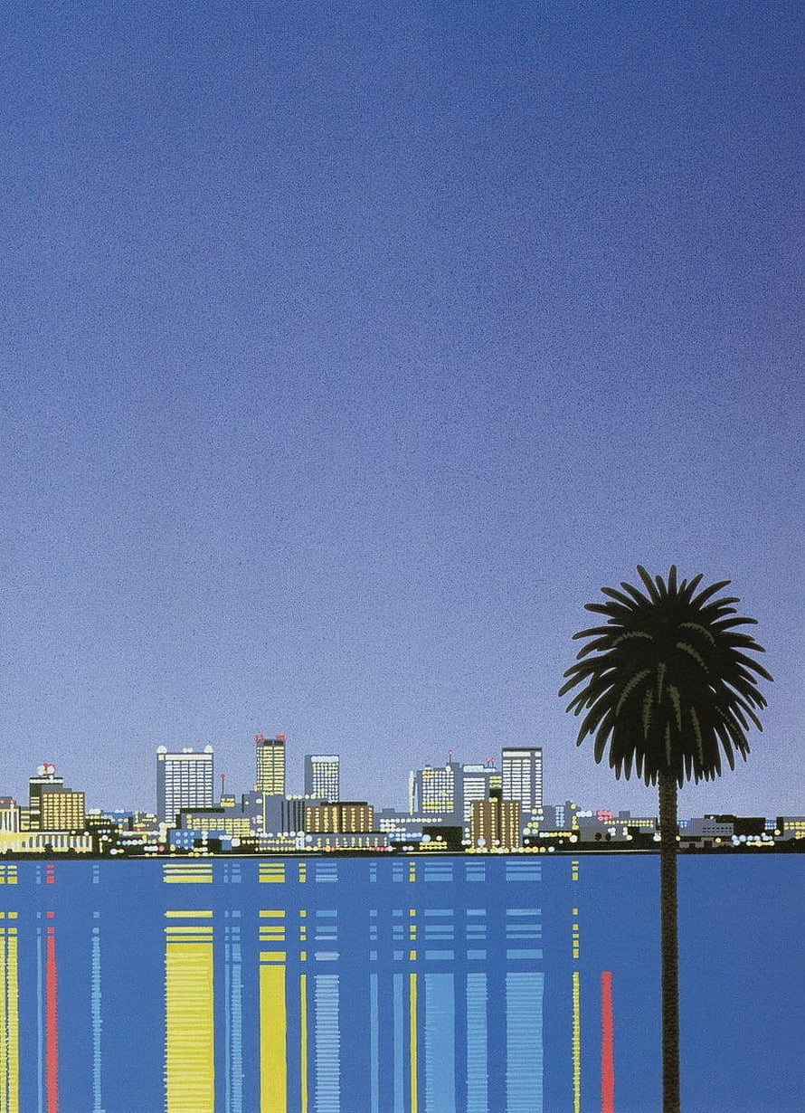 Hiroshi Nagai Minimalist Cityscape with Palm Tree and Water Reflections HD phone wallpaper