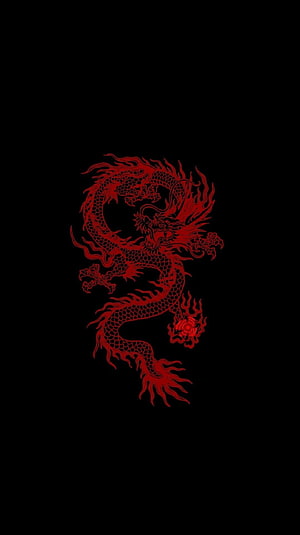 Red Eastern Dragon Illustration on Black Background HD phone wallpaper