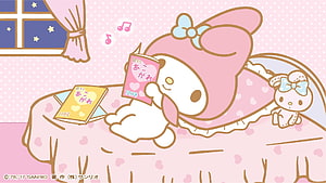 My Melody Reading a Magazine in a Cozy Pink Bedroom with a Stuffed Bunny HD wallpaper