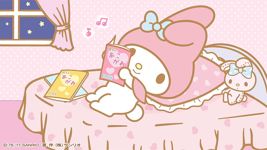 My Melody Reading a Magazine in a Cozy Pink Bedroom with a Stuffed Bunny HD wallpaper
