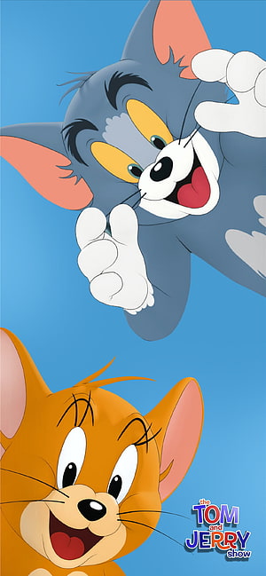 Tom and Jerry Show Cartoon Cats Playful Blue Background Illustration HD phone wallpaper