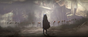 Ahsoka Tano Standing in a Dark Ruined Battlefield with Skull Poles HD wallpaper