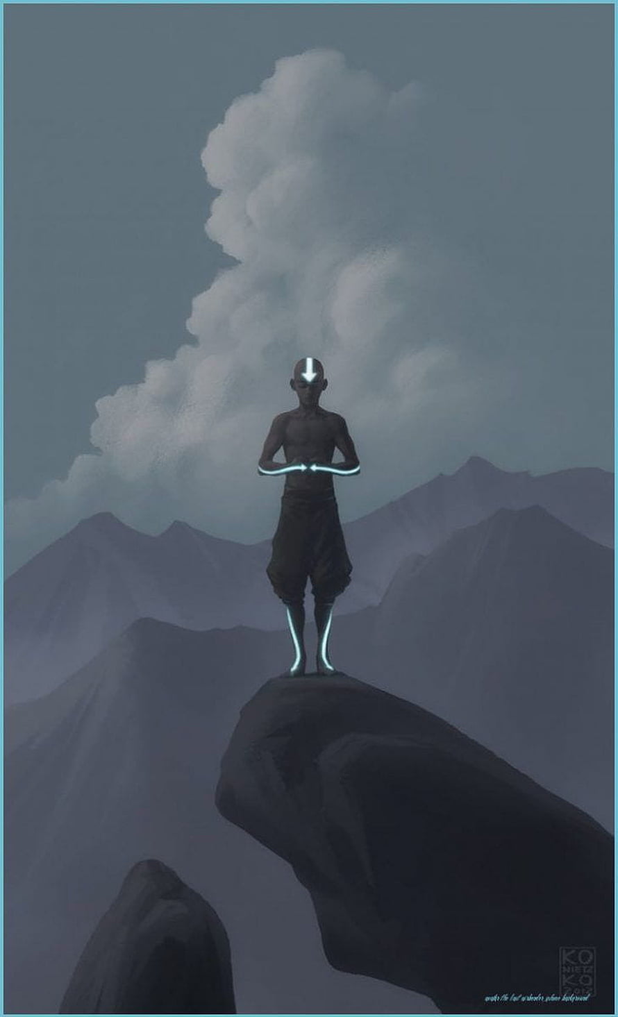 Aang Avatar The Last Airbender Standing on Mountain Peak with Glowing Chakra Lines HD phone wallpaper