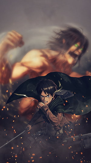 Eren Yeager and the Attack Titan in a Dramatic Battle Scene from Attack on Titan HD phone wallpaper