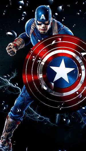 Captain America in Combat Stance with Shield and Lightning Effects HD phone wallpaper