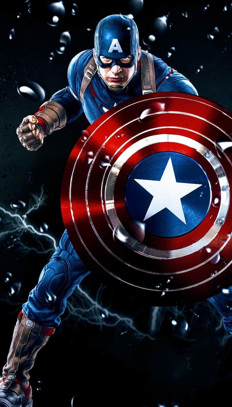 Captain America in Combat Stance with Shield and Lightning Effects HD phone wallpaper