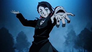 Enmu from Demon Slayer in a dark forest with a monstrous hand and glowing blue eyes HD wallpaper