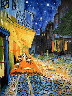 Vincent Van Gogh Cafe Terrace At Night Oil Painting with Starry Blue Sky and Cobblestone Street HD phone wallpaper