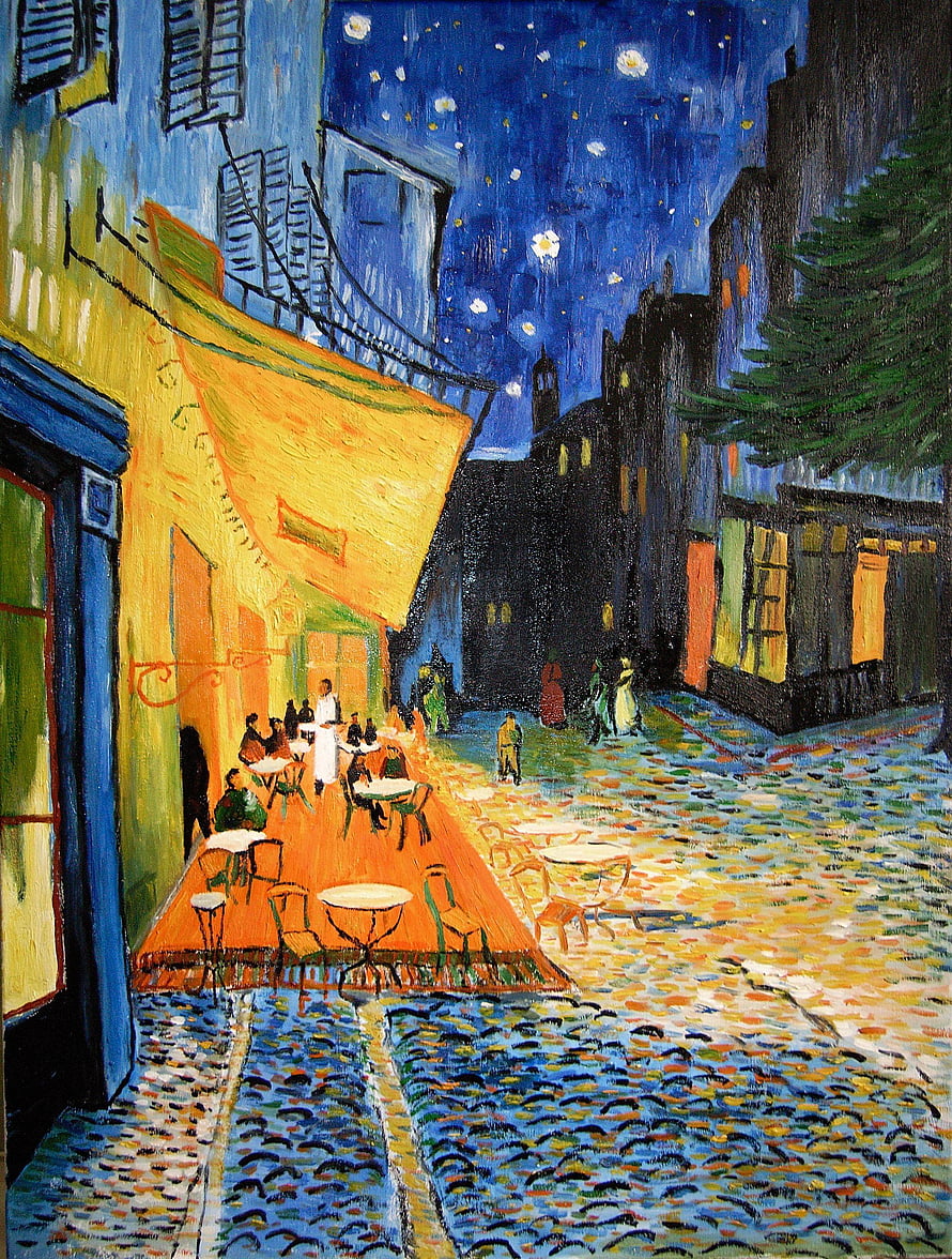 Vincent Van Gogh Cafe Terrace At Night Oil Painting with Starry Blue Sky and Cobblestone Street HD phone wallpaper