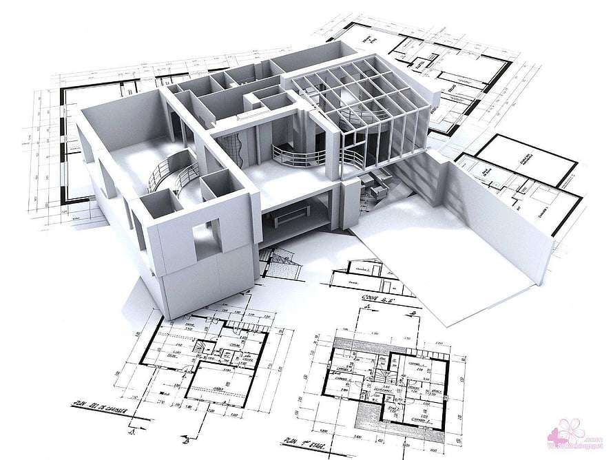 3D Architectural House Model Rendered Over Detailed Blueprint Floor Plans HD wallpaper