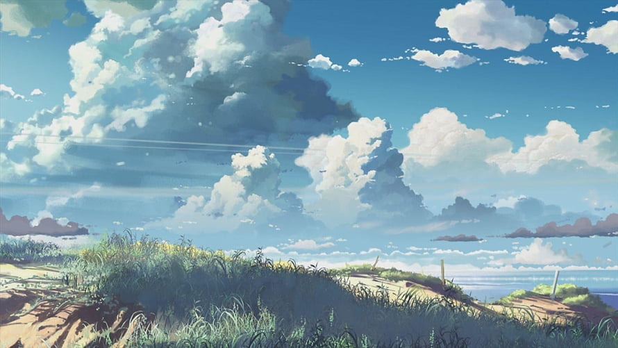 Serene Anime Countryside Landscape with Dramatic Cumulus Clouds and Lush Green Fields HD wallpaper