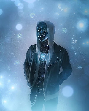 Cosmic Hooded Figure with Galaxy Skin and Celestial Symbols HD phone wallpaper