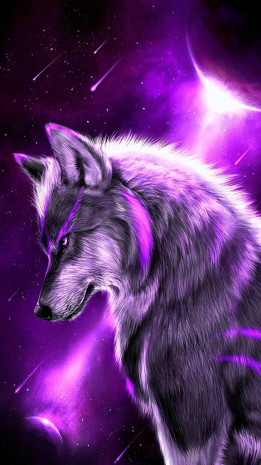 Majestic Wolf Portrait Against a Vibrant Purple Cosmic Nebula Background HD phone wallpaper