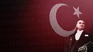 Mustafa Kemal Ataturk Portrait Against Turkish Flag With Crescent Moon And Star HD wallpaper
