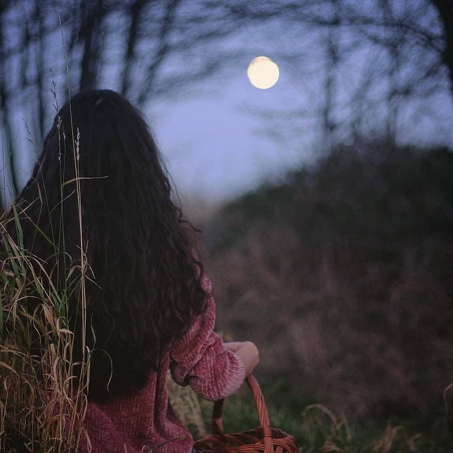 Woman with long dark hair sitting in a field at dusk with a full moon in the sky HD phone wallpaper