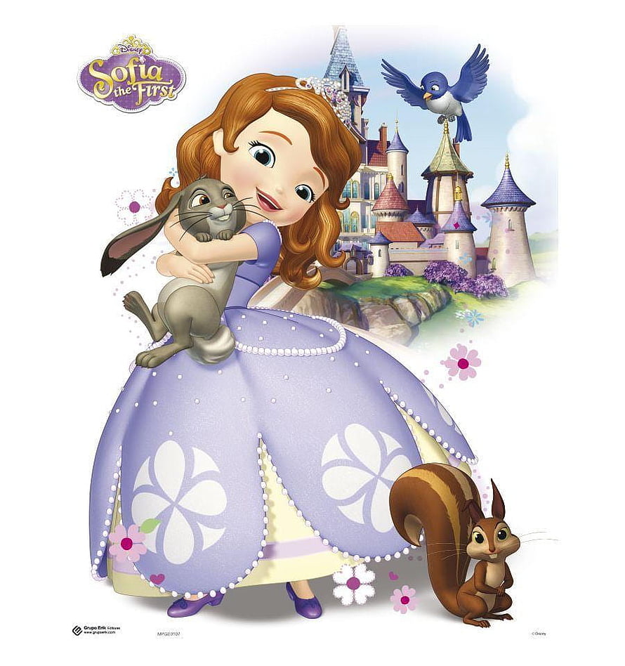 Sofia the First Princess in Lavender Gown with Rabbit and Squirrel in Front of Castle HD phone wallpaper