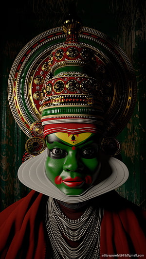 Kathakali Performer Portrait with Green Face Paint and Ornate Headdress HD phone wallpaper