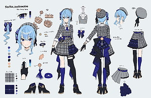 Hoshimachi Suisei Character Design Sheet with Costume Breakdown and Color Palette HD wallpaper
