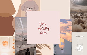 Soft Aesthetic Desktop Collage Featuring Warm Tones, Clouds, and Minimalist Typography HD wallpaper