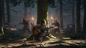 Ellie Playing Guitar in a Dark Forest with Hostile Figures in The Last of Us HD wallpaper