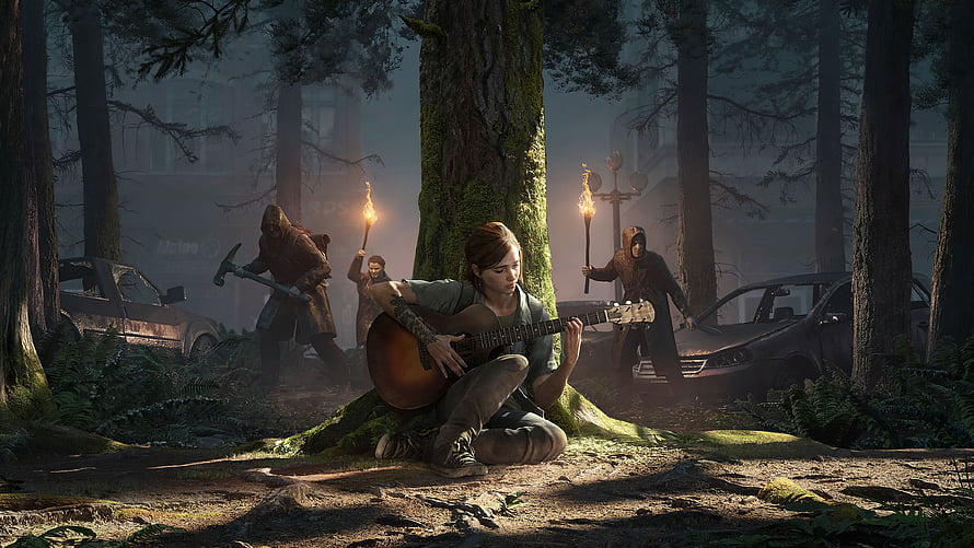 Ellie Playing Guitar in a Dark Forest with Hostile Figures in The Last of Us HD wallpaper