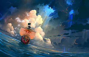 Thousand Sunny sailing through dramatic storm clouds in One Piece artwork HD wallpaper