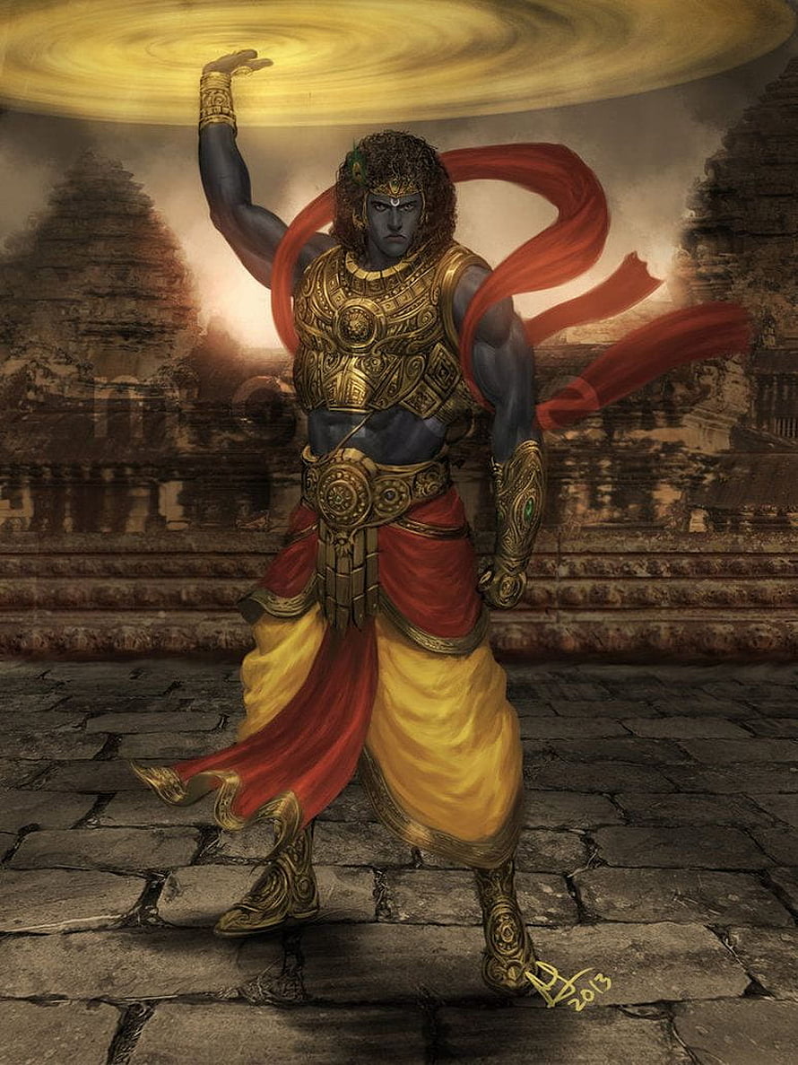 Lord Karna from the Mahabharata in ornate golden armor and flowing red sash HD phone wallpaper