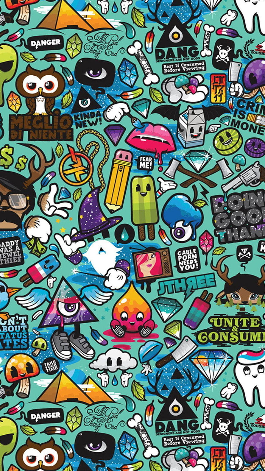 Colorful Doodle Art Pattern with Cartoon Characters, Eyes, and Pop Culture Icons HD phone wallpaper