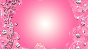 Pink Floral Diamond Frame with Sparkling Hearts and Rose Pattern HD wallpaper