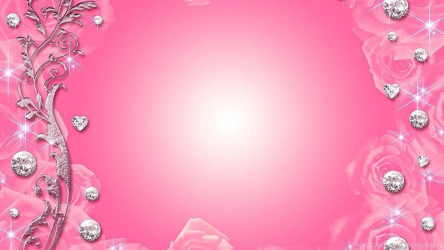 Pink Floral Diamond Frame with Sparkling Hearts and Rose Pattern HD wallpaper