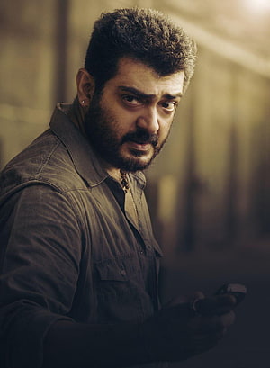 Ajith Kumar Intense Portrait in Rugged Shirt with Serious Expression HD phone wallpaper