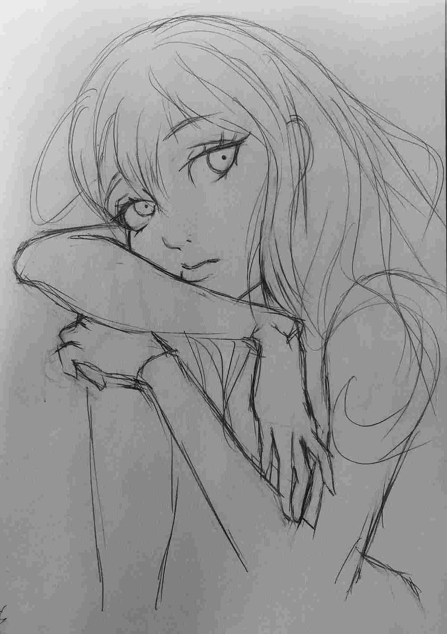 Emotional Anime Girl Pencil Sketch with Long Hair and Contemplative Expression HD phone wallpaper